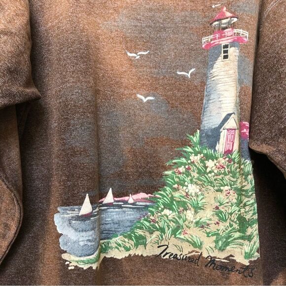 VINTAGE FORECAST SWEATSHIRT SIZE 2X BROWN GRAPHIC LIGHTHOUSE PULL OVER - Picture 6 of 7